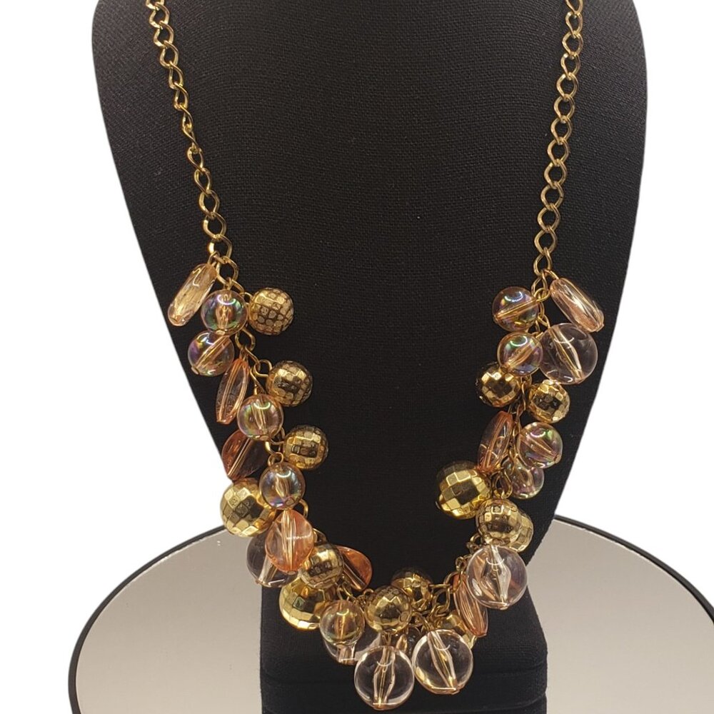 Retro Brass Tone Chain w/ Disco Ball and Peach Colored Beaded Necklace - Picture 11 of 11